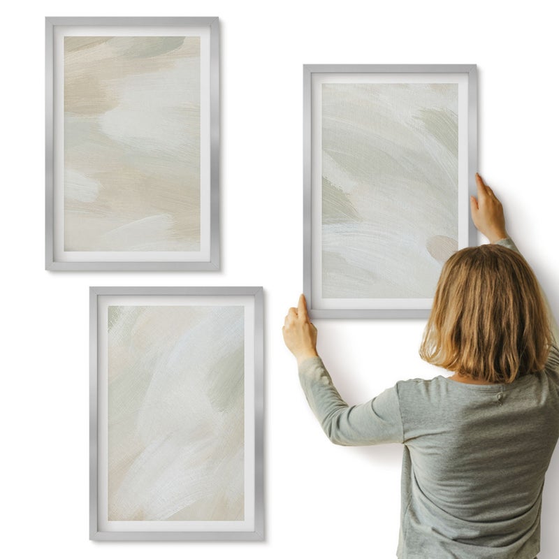 Galeria ścienna 3-częściowy komplet obrazów w srebrnych ramach - Jasne farby abstrakcja na płótnie styl delikatny boho - ArtPrintCave