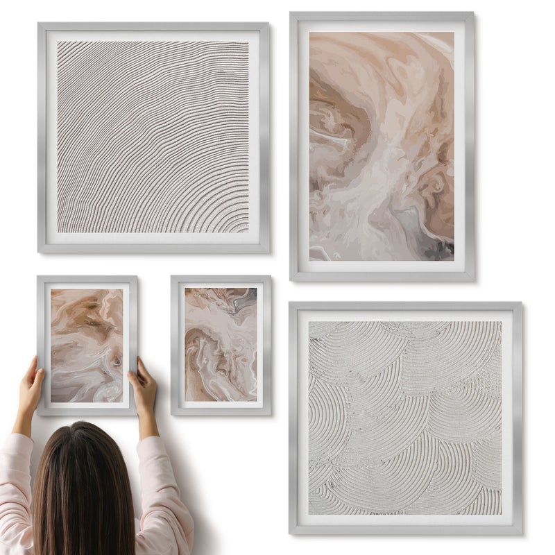 Galeria ścienna 5-częściowy komplet obrazów w srebrnych ramach - Marmurowe wzory abstrakcyjne tekstury kamienia - ArtPrintCave