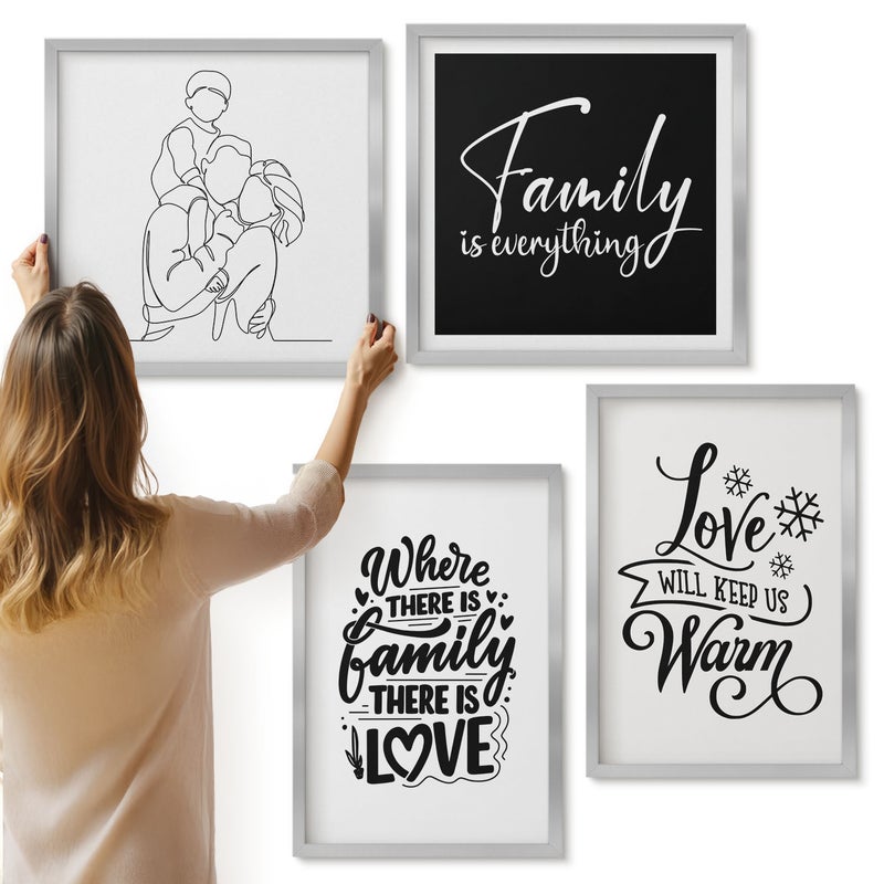 Galeria ścienna 4-częściowy komplet obrazów w srebrnych ramach - Rodzina miłość ciepło domowe napisy inspirujące - ArtPrintCave