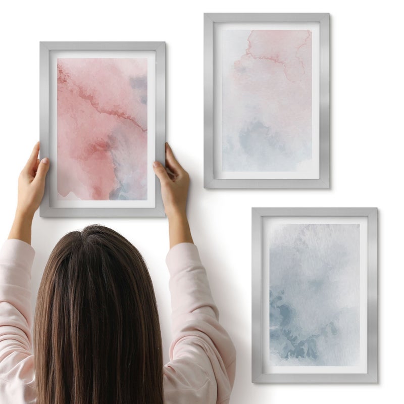 Galeria ścienna 3-częściowy komplet obrazów w srebrnych ramach - Pastelowe akwarele na płótnie kolorowe tekstury - ArtPrintCave