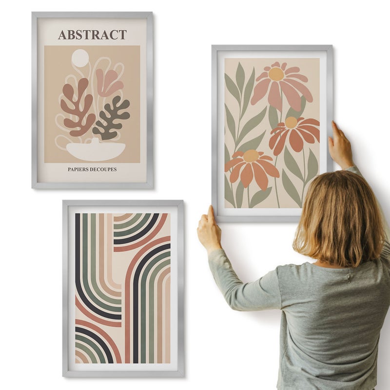 Galeria ścienna 3-częściowy komplet obrazów w srebrnych ramach - Abstrakcyjne rośliny i wzory w pastelowych kolorach - ArtPrintCave