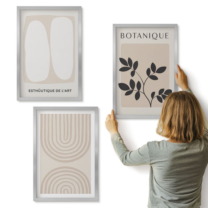 Galeria ścienna 3-częściowy komplet obrazów w srebrnych ramach - Boho delikatne postery abstrakcja motywy roślinne - ArtPrintCave