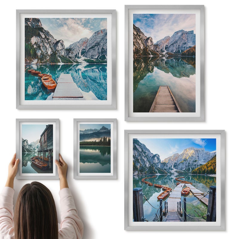 Galeria ścienna 5-częściowy komplet obrazów w srebrnych ramach - Górskie jeziora i malownicze widoki natury - ArtPrintCave