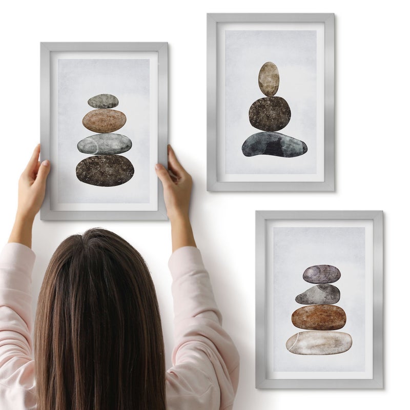 Galeria ścienna 3-częściowy komplet obrazów w srebrnych ramach - Stosy kamieni minimalistyczne malarstwo boho - ArtPrintCave