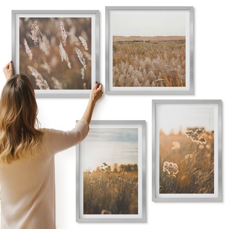 Galeria ścienna 4-częściowy komplet obrazów w srebrnych ramach - Letnie widoki na łąki i kwiaty o zachodzie słońca - ArtPrintCave