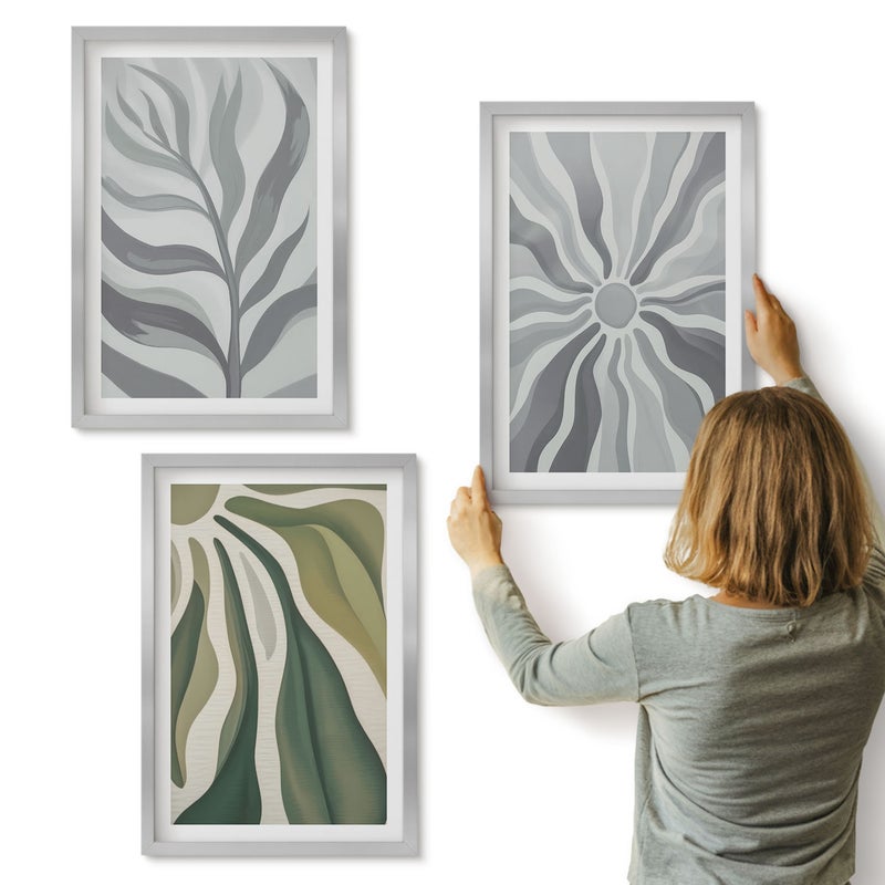 Galeria ścienna 3-częściowy komplet obrazów w srebrnych ramach - Roślinne wzory w odcieniach zieleni i szarości - ArtPrintCave
