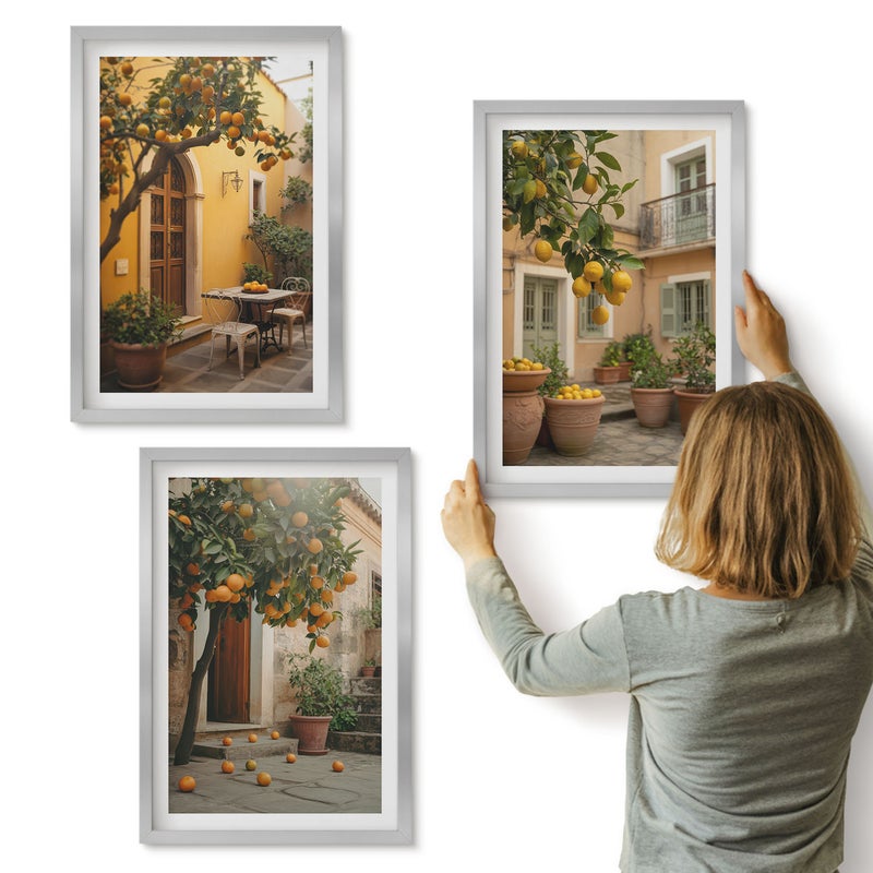 Galeria ścienna 3-częściowy komplet obrazów w srebrnych ramach - Ogród z drzewami cytrusowymi w słonecznym otoczeniu - ArtPrintCave