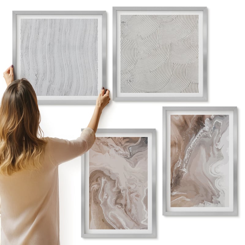Galeria ścienna 4-częściowy komplet obrazów w srebrnych ramach - Tekstura kamienia abstrakcyjne wzory marmuru - ArtPrintCave