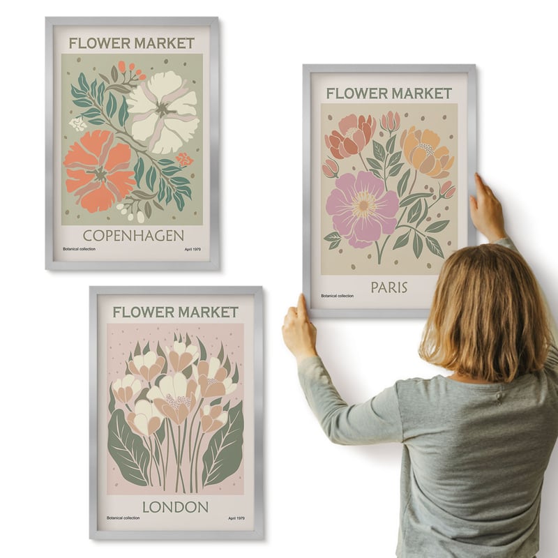Galeria ścienna 3-częściowy komplet obrazów w srebrnych ramach - Kwiatowe postery Kopenhaga Londyn Paryż - ArtPrintCave