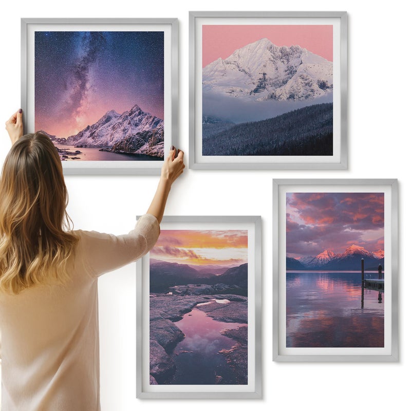 Galeria ścienna 4-częściowy komplet obrazów w srebrnych ramach - Góry i woda w pięknych naturalnych krajobrazach - ArtPrintCave