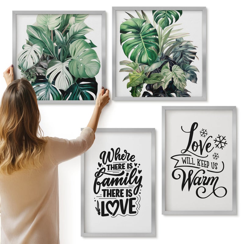 Galeria ścienna 4-częściowy komplet obrazów w srebrnych ramach - Rodzina miłość dom ciepło liście roślin akwarela - ArtPrintCave