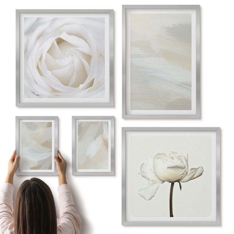 Galeria ścienna 5-częściowy komplet obrazów w srebrnych ramach - Kwiatowe inspiracje w delikatnych odcieniach bieli - ArtPrintCave