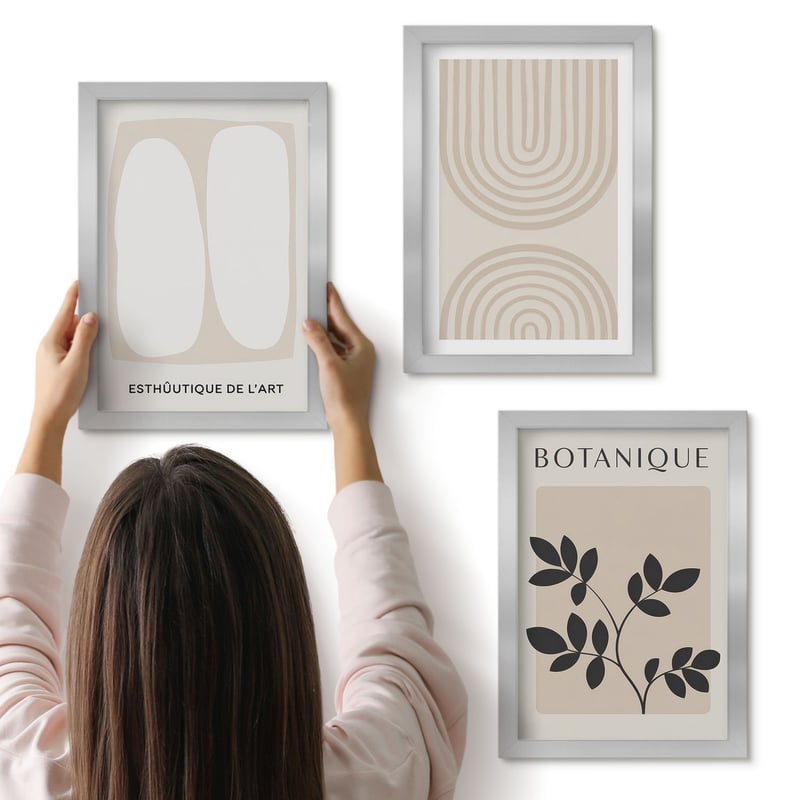 Galeria ścienna 3-częściowy komplet obrazów w srebrnych ramach - Boho delikatne postery abstrakcja motywy roślinne - ArtPrintCave