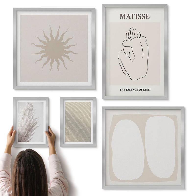 Galeria ścienna 5-częściowy komplet obrazów w srebrnych ramach - Styl boho minimalistyczne formy i naturalne motywy - ArtPrintCave
