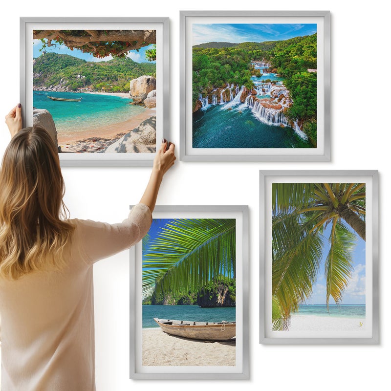 Galeria ścienna 4-częściowy komplet obrazów w srebrnych ramach - Plaża z łodzią wodospady i palmy w tropikach - ArtPrintCave