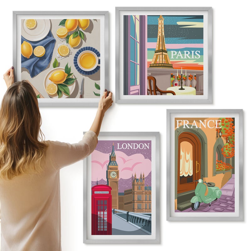 Galeria ścienna 4-częściowy komplet obrazów w srebrnych ramach - Widoki miast Paryż Londyn i Francja cytryny - ArtPrintCave