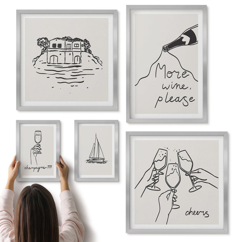 Galeria ścienna 5-częściowy komplet obrazów w srebrnych ramach - Stylowe ilustracje z winem i toastami na przyjęcia - ArtPrintCave