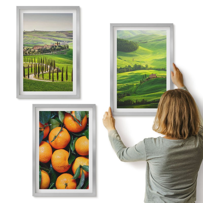 Galeria ścienna 3-częściowy komplet obrazów w srebrnych ramach - Krajobraz włoskiej wsi z pomarańczami i naturą - ArtPrintCave