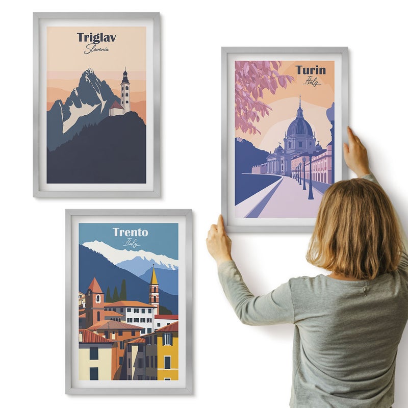 Galeria ścienna 3-częściowy komplet obrazów w srebrnych ramach - Góry i architektura retro kolorowe ilustracje - ArtPrintCave