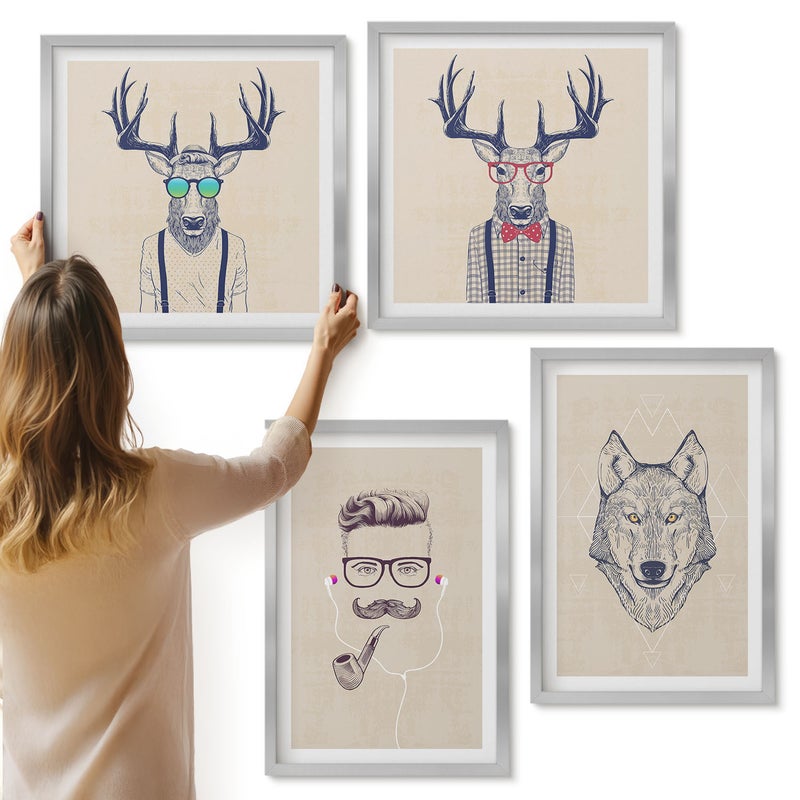 Galeria ścienna 4-częściowy komplet obrazów w srebrnych ramach - Stylowe portrety zwierząt i mężczyzny - ArtPrintCave