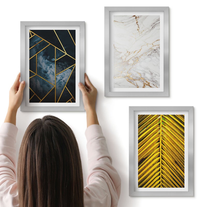 Galeria ścienna 3-częściowy komplet obrazów w srebrnych ramach - Nowoczesne wzory geometryczne i naturalne motywy roślinne - ArtPrintCave