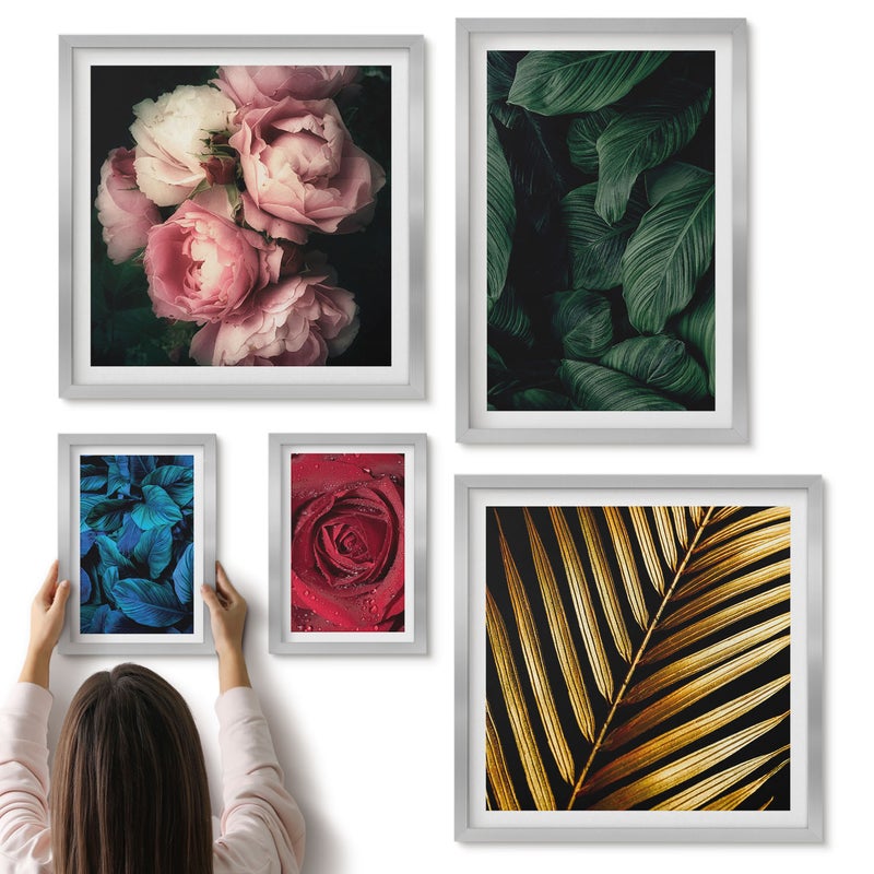 Galeria ścienna 5-częściowy komplet obrazów w srebrnych ramach - Roślinne motywy z kwiatami i liśćmi w stylu naturalnym - ArtPrintCave
