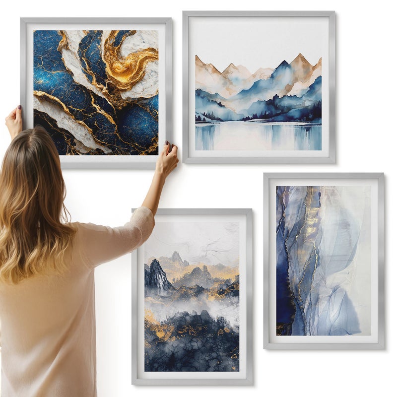 Galeria ścienna 4-częściowy komplet obrazów w srebrnych ramach - Górskie krajobrazy z niebieskimi i szarymi tonami - ArtPrintCave
