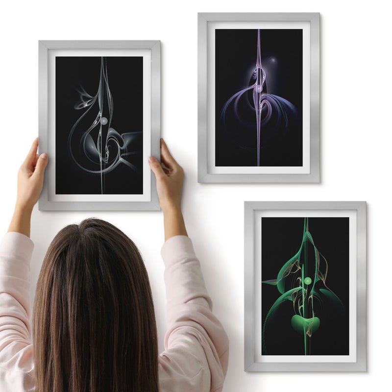 Galeria ścienna 3-częściowy komplet obrazów w srebrnych ramach - Abstrakcyjne wzory w odcieniach czerni i kolorów - ArtPrintCave