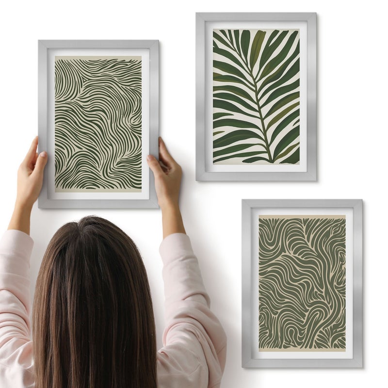 Galeria ścienna 3-częściowy komplet obrazów w srebrnych ramach - Wzory abstrakcyjne z liśćmi i falistymi kształtami - ArtPrintCave