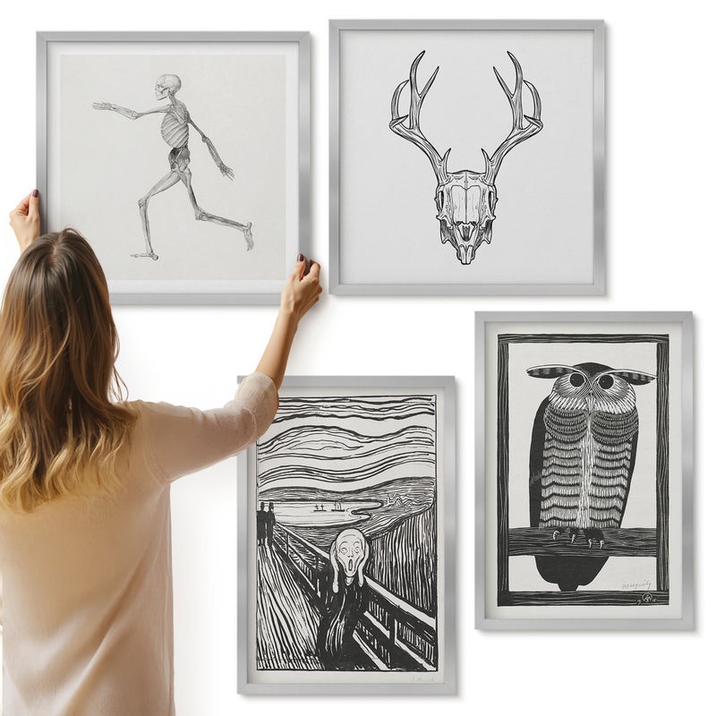 Galeria ścienna 4-częściowy komplet obrazów w srebrnych ramach - Inspiracja obrazem Krzyk z czaszką i sową w stylu graficznym - ArtPrintCave