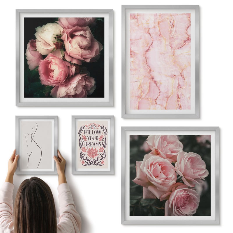 Galeria ścienna 5-częściowy komplet obrazów w srebrnych ramach - Różowe kwiaty i minimalistyczne formy w stylu boho - ArtPrintCave