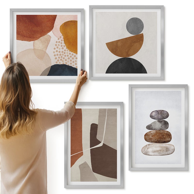 Galeria ścienna 4-częściowy komplet obrazów w srebrnych ramach - Malarstwo abstrakcyjne nowoczesne dekroacje - ArtPrintCave