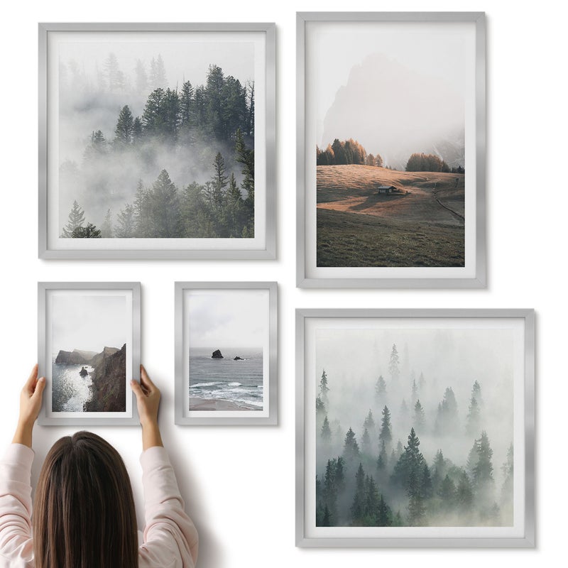 Galeria ścienna 5-częściowy komplet obrazów w srebrnych ramach - Naturalne krajobrazy górskie i nadmorskie widoki - ArtPrintCave