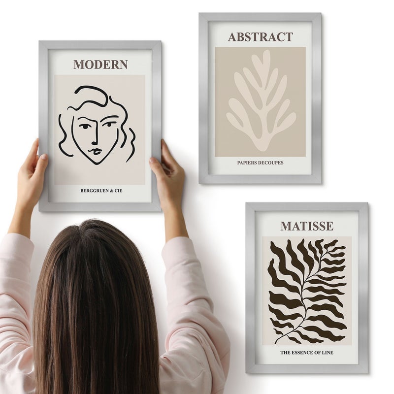 Galeria ścienna 3-częściowy komplet obrazów w srebrnych ramach - Twarz i liście ilustracje grafiki Henri Matisse - ArtPrintCave
