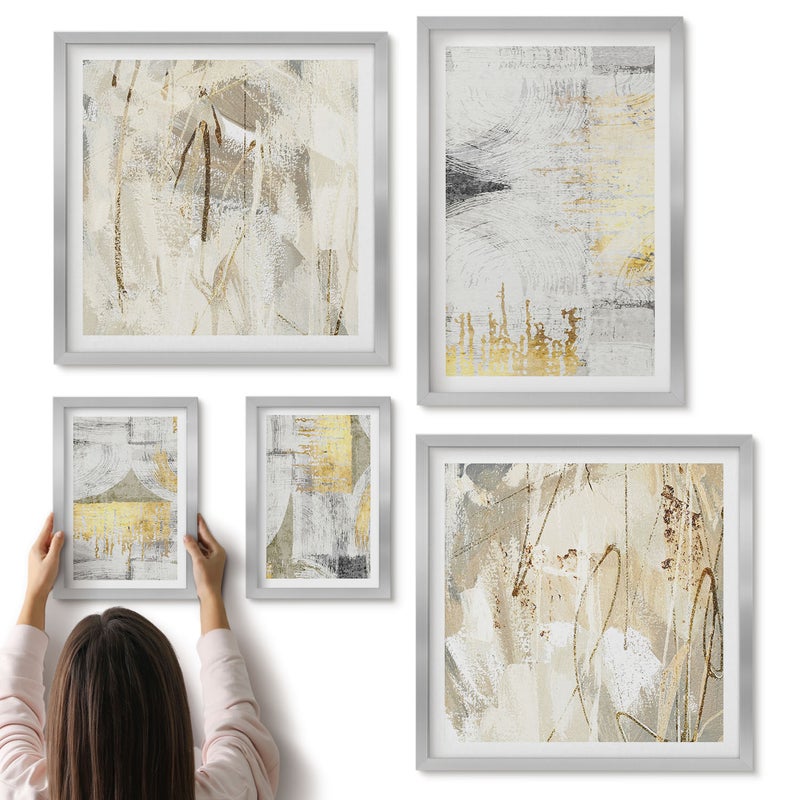 Galeria ścienna 5-częściowy komplet obrazów w srebrnych ramach - Stylowe abstrakcyjne kompozycje z geometrycznymi wzorami - ArtPrintCave
