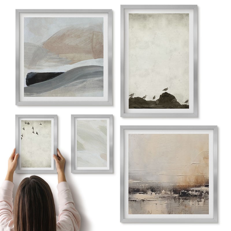 Galeria ścienna 5-częściowy komplet obrazów w srebrnych ramach - Ptaki skały i ślady pędzla minimalistyczne dekoracje - ArtPrintCave