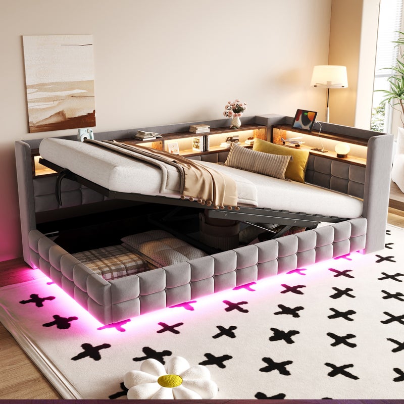 Łóżko z półkami, 140 x 200 cm – Aksamit, płyta MDF i sklejka – Oświetlenie LED i porty USB/USB-C – Jasnoszary