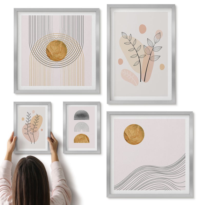 Galeria ścienna 5-częściowy komplet obrazów w srebrnych ramach - Stylowe dekoracje w minimalistycznym designie z roślinami - ArtPrintCave