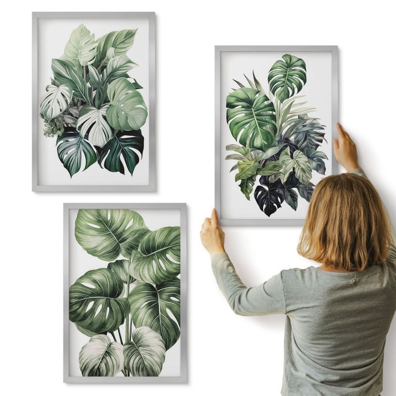 Galeria ścienna 3-częściowy komplet obrazów w srebrnych ramach - Zielone liście roślin tropikalnych akwarele - ArtPrintCave