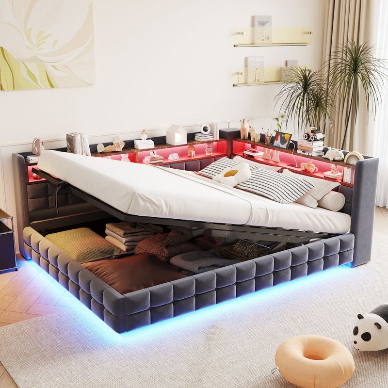 Łóżko z pojemnikiem 140 x 200 cm z półkami – aksamit, płyta MDF i sklejka – diody LED i porty USB/USB-C – szare