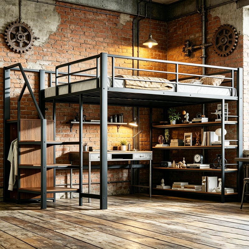 Łóżko piętrowe 140 x 200 cm ze schodkami i półkami – płyta MDF i metalowa rama – czarno-białe (materac nie jest wliczony w cenę)