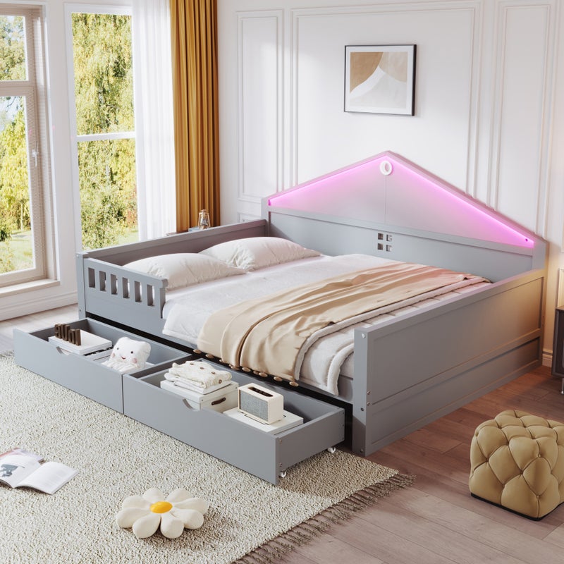 Wielofunkcyjne łóżko 140 x 200 cm z 2 szufladami i sterowanym oświetleniem LED – sosna, płyta MDF i sklejka – szare (materac nie jest wliczony w cenę)