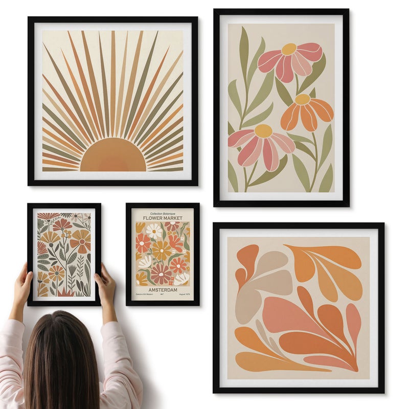Galeria ścienna 5-częściowy komplet obrazów w czarnych ramach - Styl boho kwiatowe motywy i geometryczne kształty - ArtPrintCave