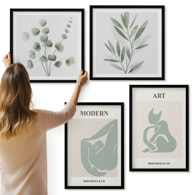 Galeria ścienna 4-częściowy komplet obrazów w czarnych ramach - Roślinne motywy w delikatnych odcieniach zieleni - ArtPrintCave