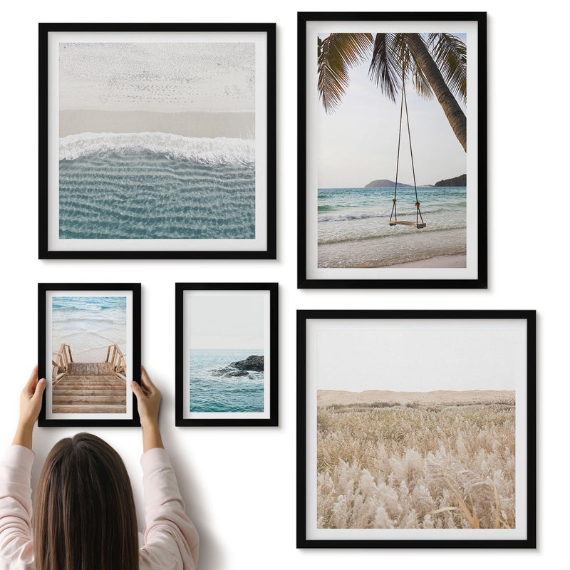 Galeria ścienna 5-częściowy komplet obrazów w czarnych ramach - Relaksujące widoki nadmorskie z plażą i falami - ArtPrintCave