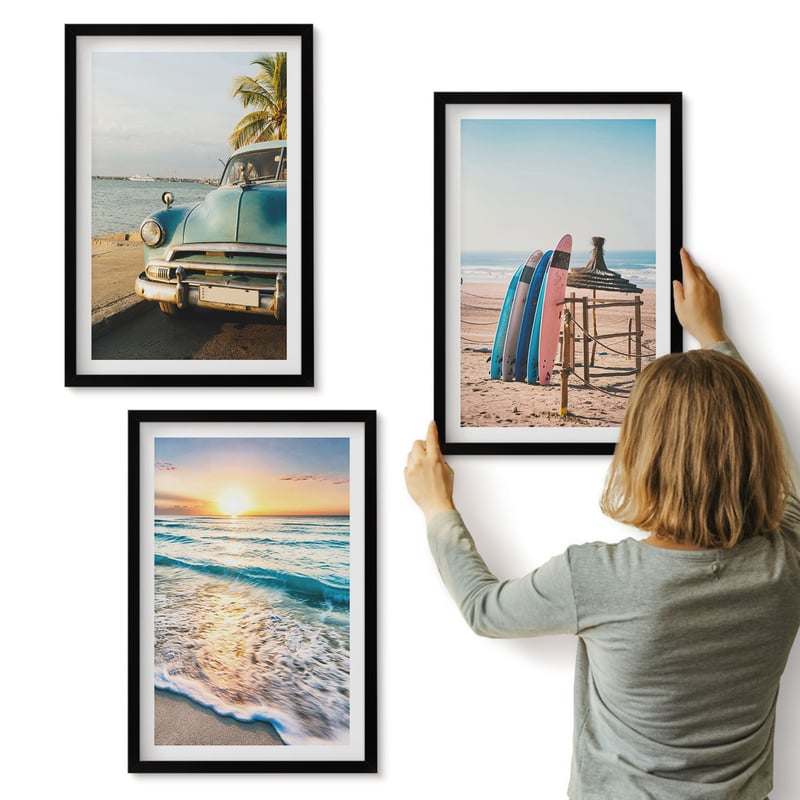 Galeria ścienna 3-częściowy komplet obrazów w czarnych ramach - Wakacyjne widoki Miami zachód słońca nad morzem - ArtPrintCave