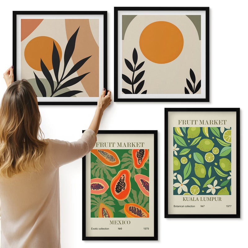 Galeria ścienna 4-częściowy komplet obrazów w czarnych ramach - Boho wzory owocowe papaje limonki - ArtPrintCave