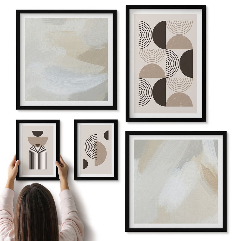 Galeria ścienna 5-częściowy komplet obrazów w czarnych ramach - Abstrakcyjne formy geometryczne w stonowanej kolorystyce - ArtPrintCave