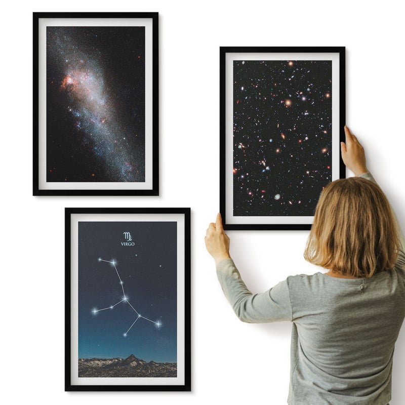Galeria ścienna 3-częściowy komplet obrazów w czarnych ramach - Galaktyka konstelacja Panny widok na wszechświat - ArtPrintCave