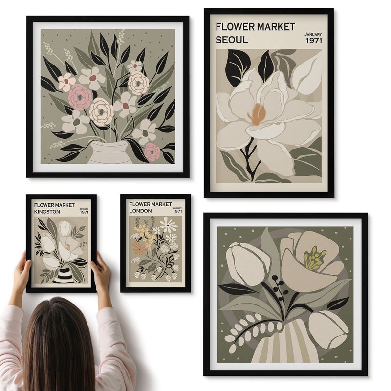 Galeria ścienna 5-częściowy komplet obrazów w czarnych ramach - Kwiatowe motywy z rynków w Londynie i Seulu - ArtPrintCave